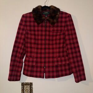 Vintage Lauren Ralph Lauren Womens 4 Plaid Blazer Faux Fur Collar Lined Wool USA